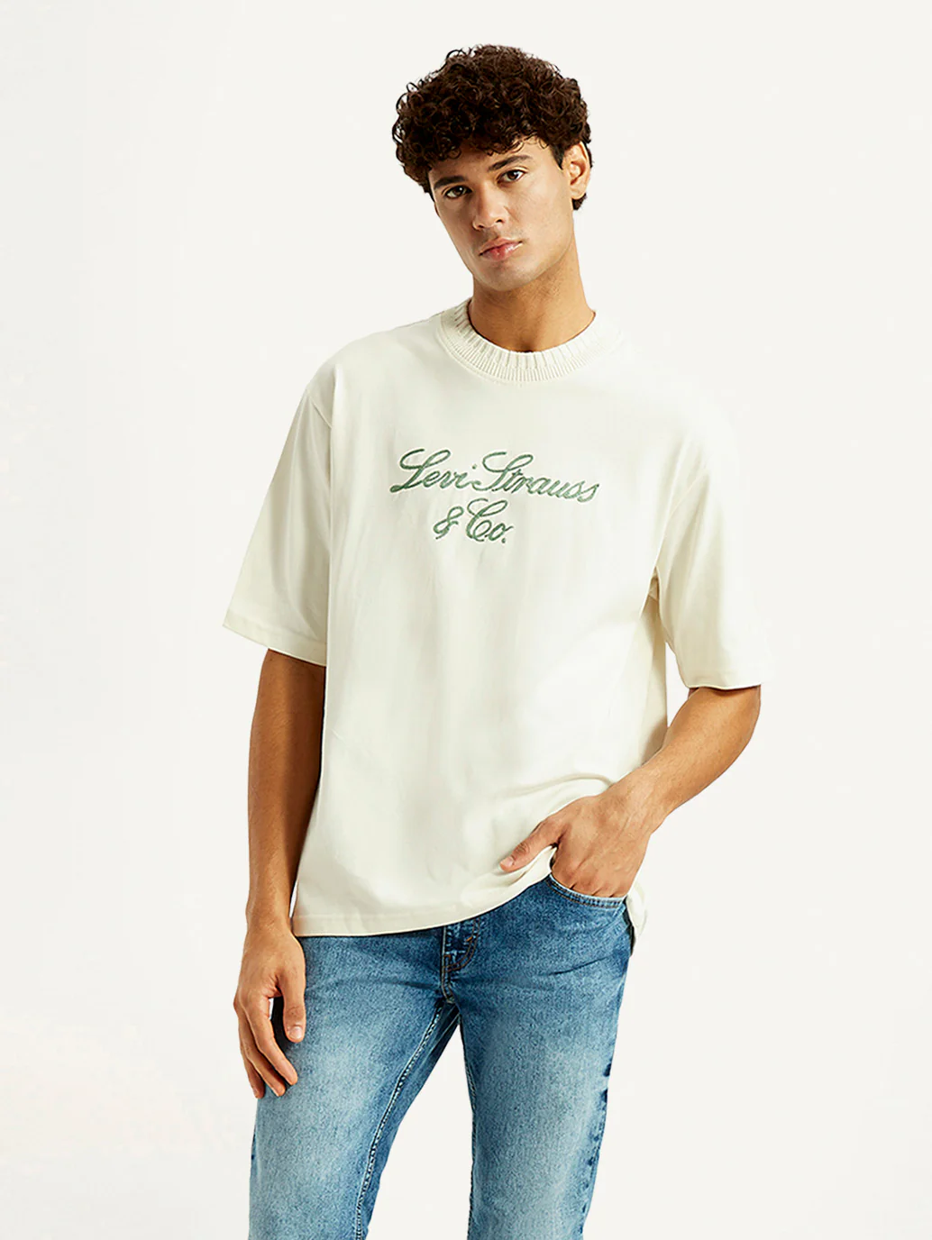 Men's Embroidered Cream Crew Neck T-shirt - Image 2