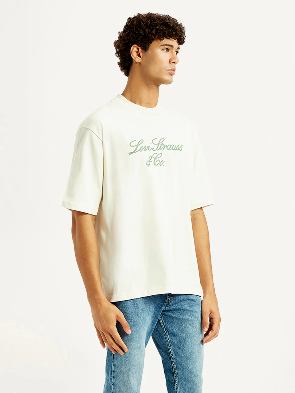 Men's Embroidered Cream Crew Neck T-shirt - Image 3