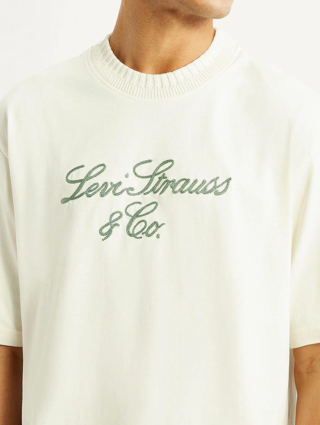 Men's Embroidered Cream Crew Neck T-shirt - Image 4