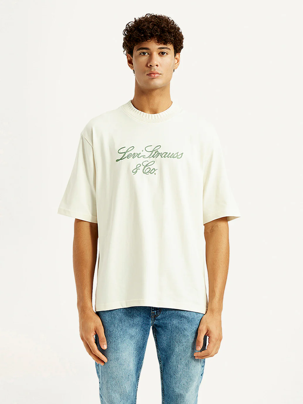 Men's Embroidered Cream Crew Neck T-shirt - Image 6