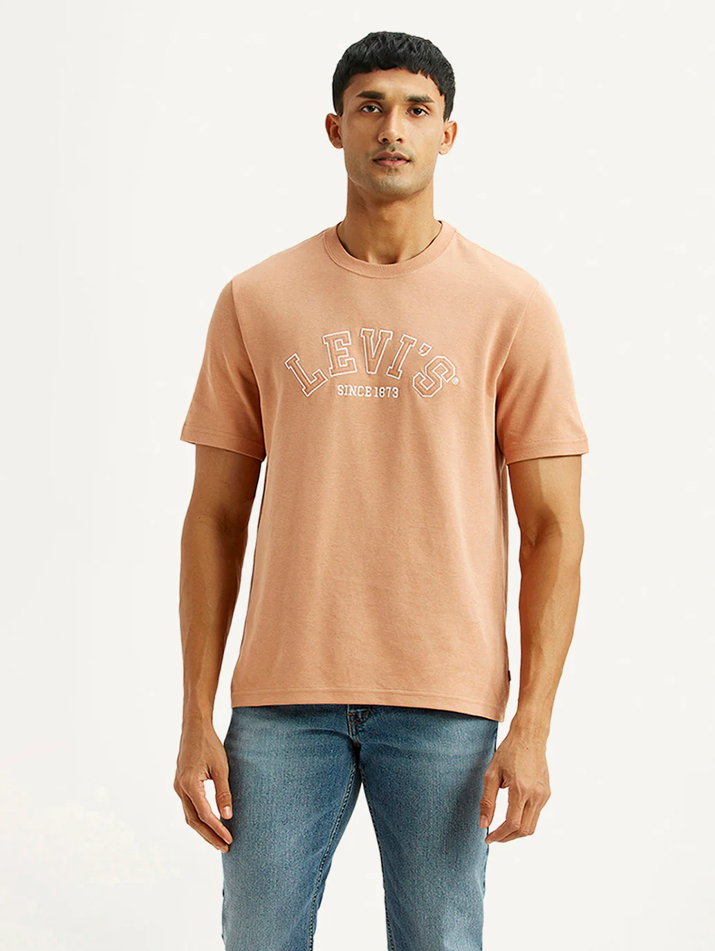 Men's Embroidered Peach Crew Neck T-shirt - Image 3