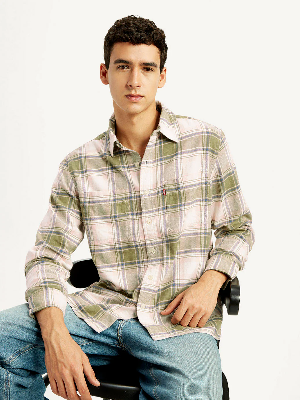 Men's Plaid Khaki Spread Collar Flannel Shirt
