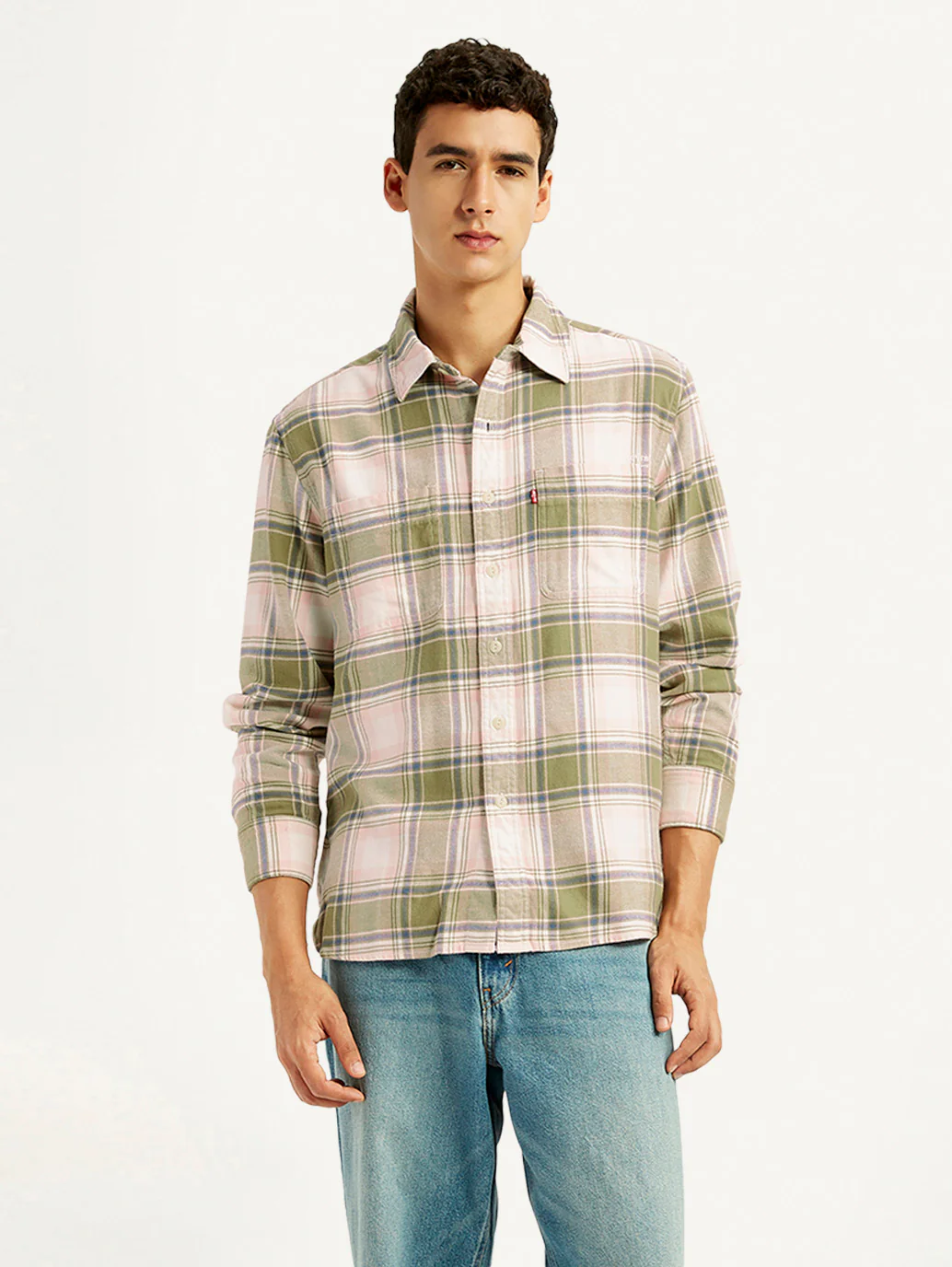Men's Plaid Khaki Spread Collar Flannel Shirt - Image 2