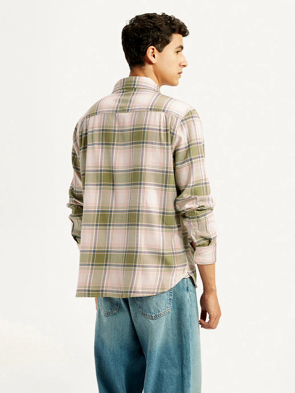 Men's Plaid Khaki Spread Collar Flannel Shirt - Image 3
