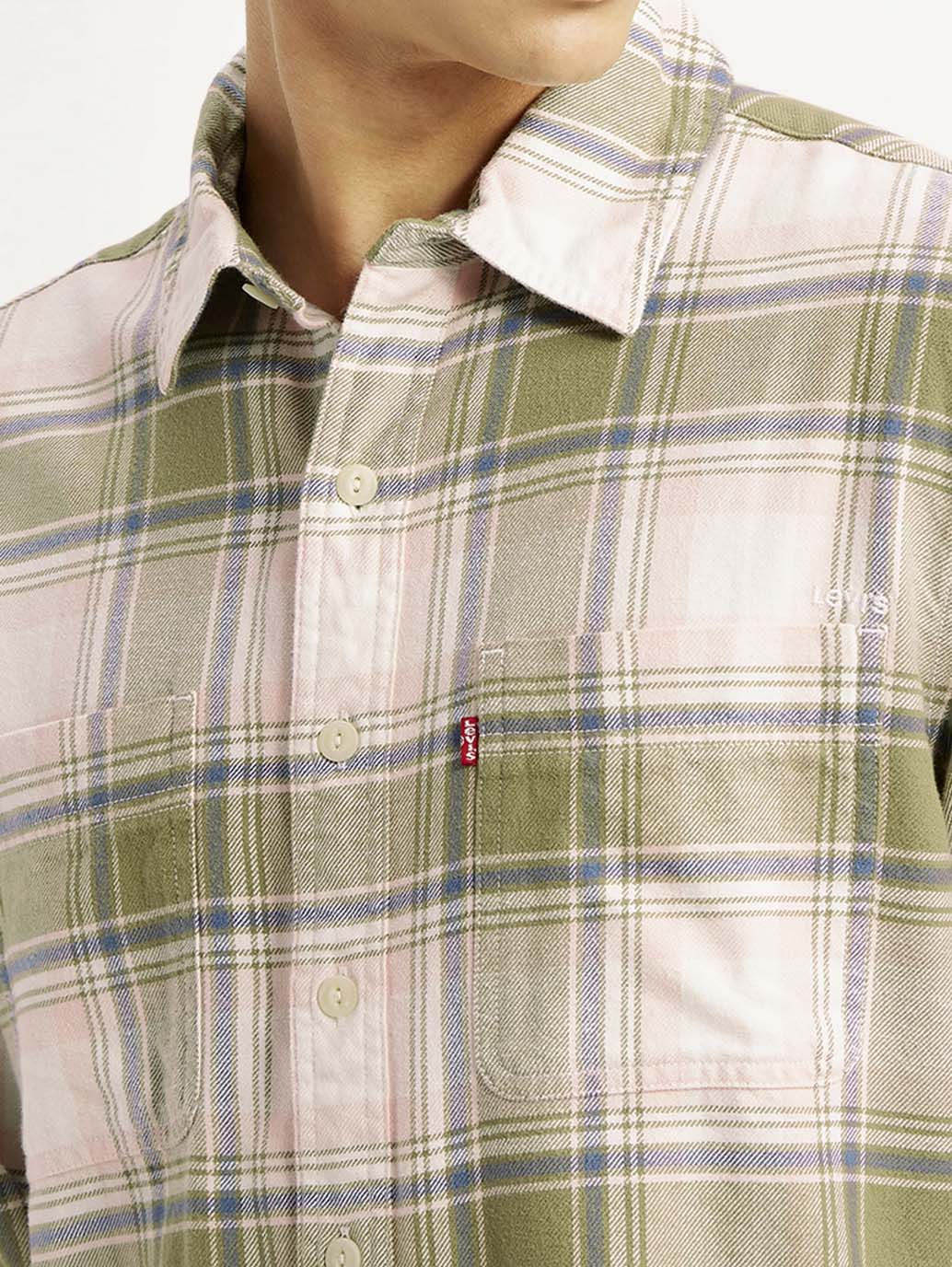 Men's Plaid Khaki Spread Collar Flannel Shirt - Image 5