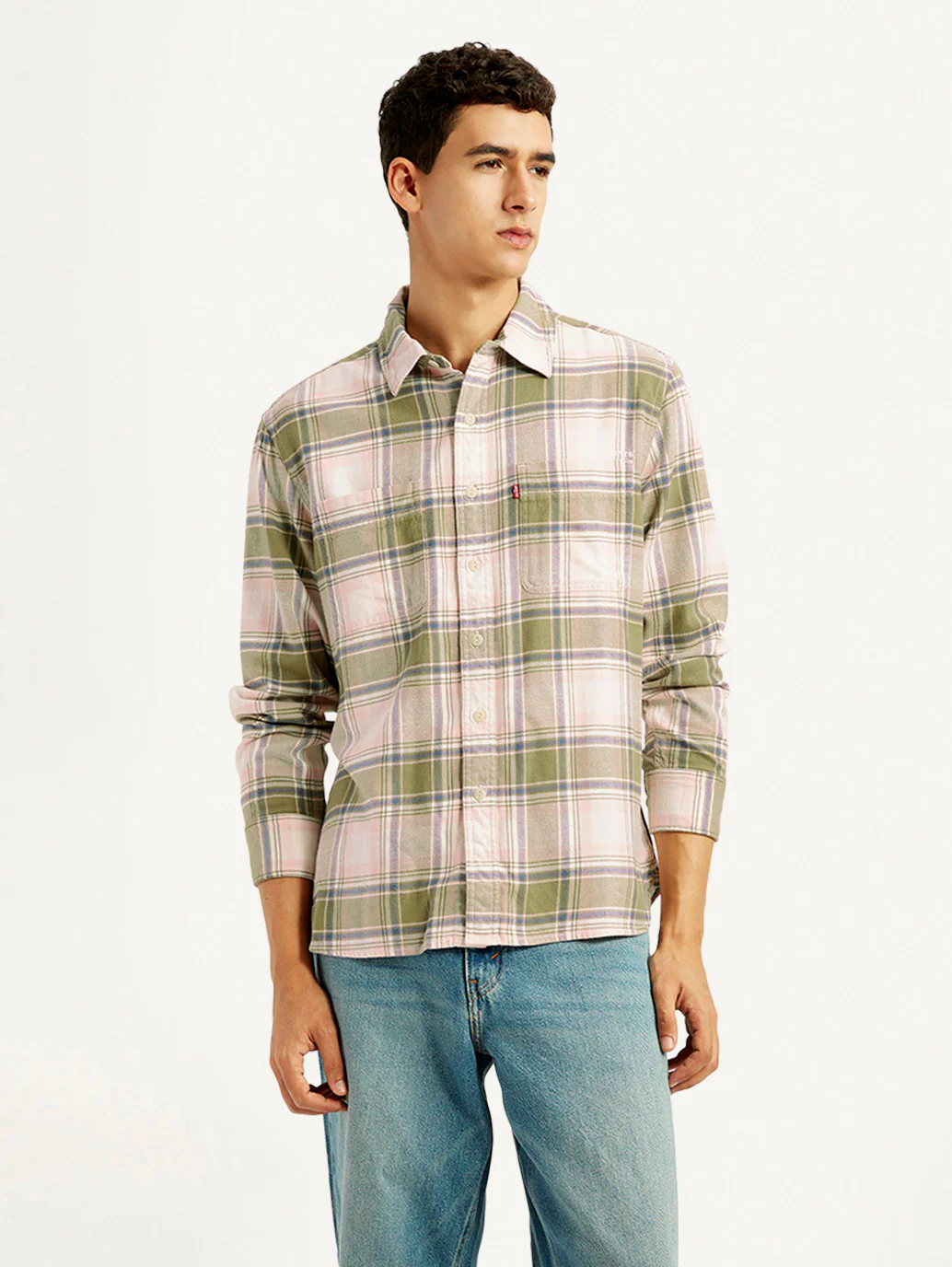 Men's Plaid Khaki Spread Collar Flannel Shirt - Image 6