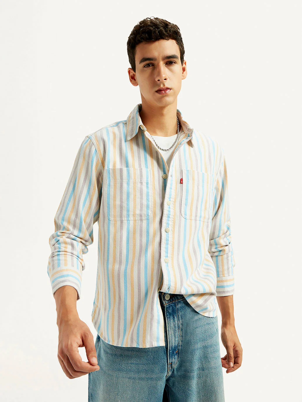 Men's Striped Multi Color Spread Collar Flannel Shirt