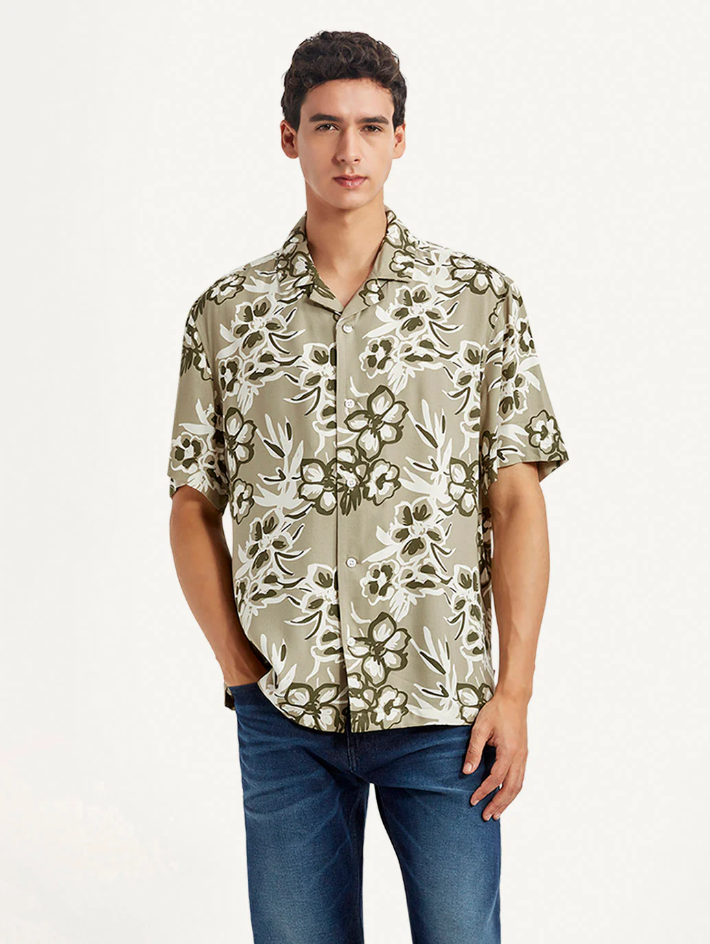 Men's Floral Beige Relaxed Fit Camp Shirt