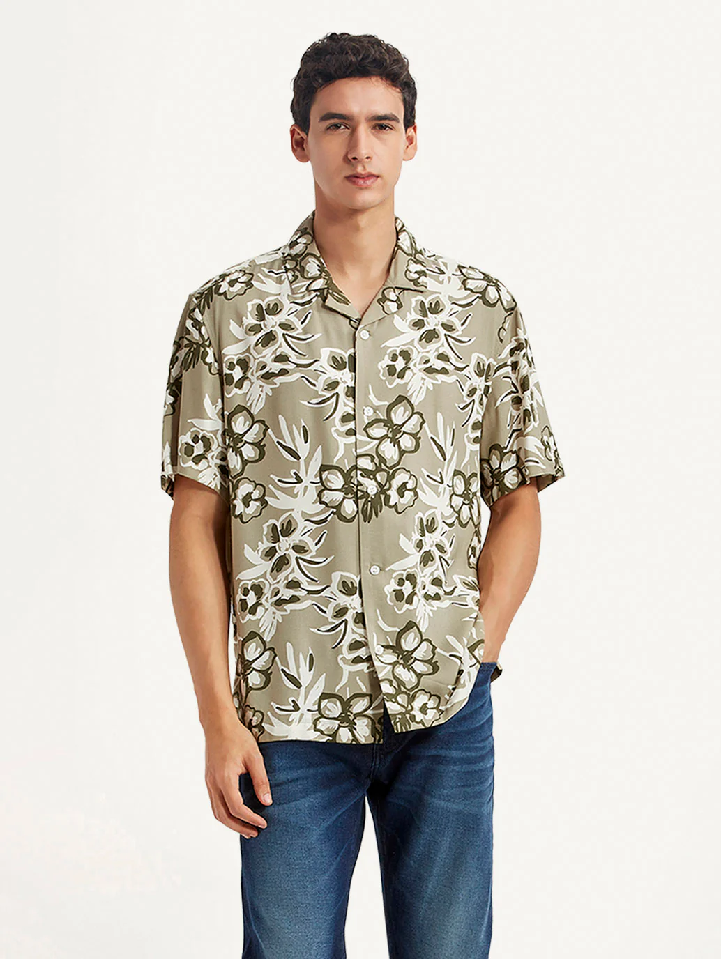 Men's Floral Beige Relaxed Fit Camp Shirt - Image 4