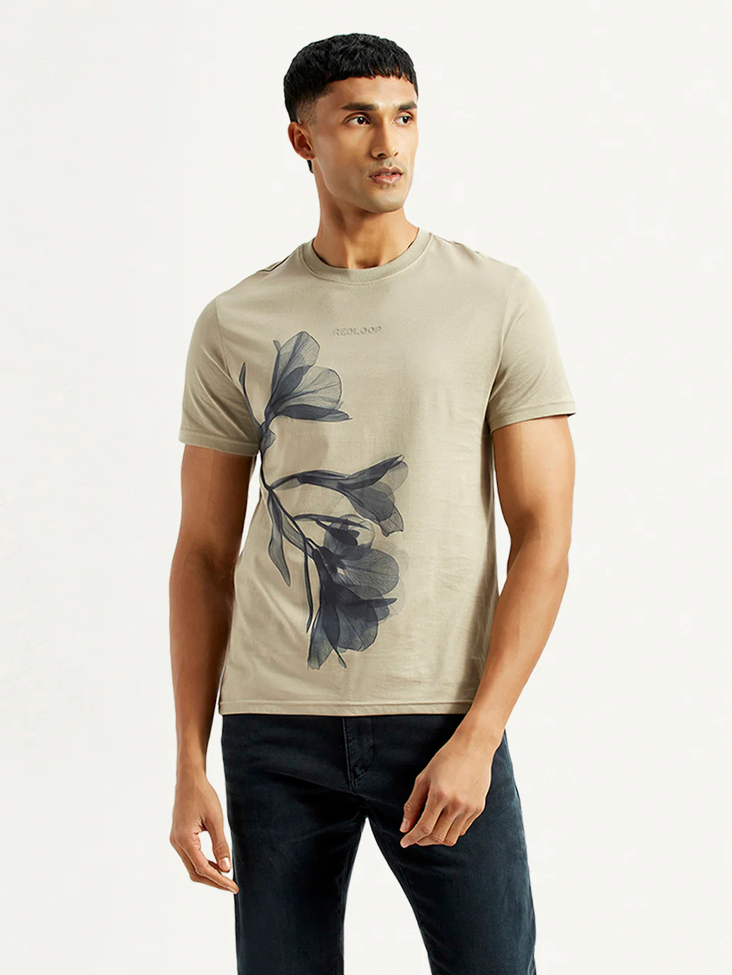 Men's Floral Beige Slim Fit T-shirt - Image 2