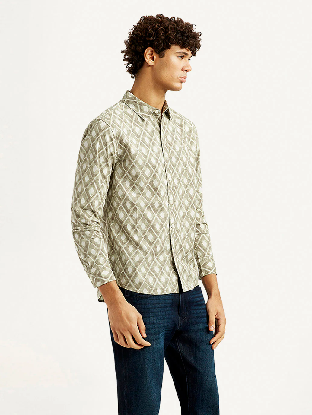 Men's Geometric Beige Slim Fit Shirt - Image 4