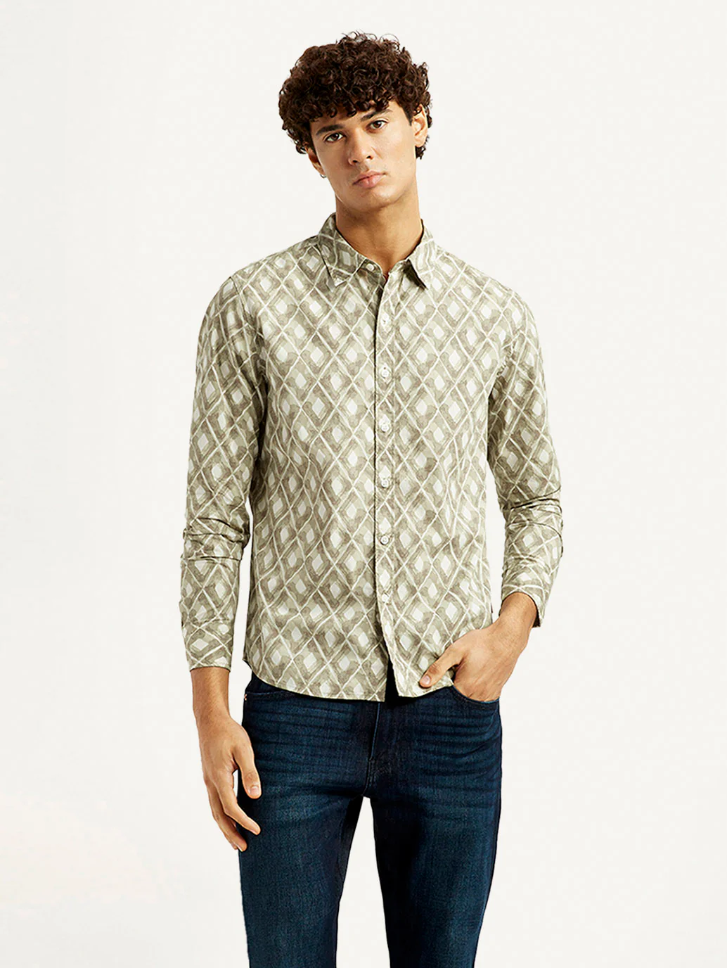Men's Geometric Beige Slim Fit Shirt - Image 5