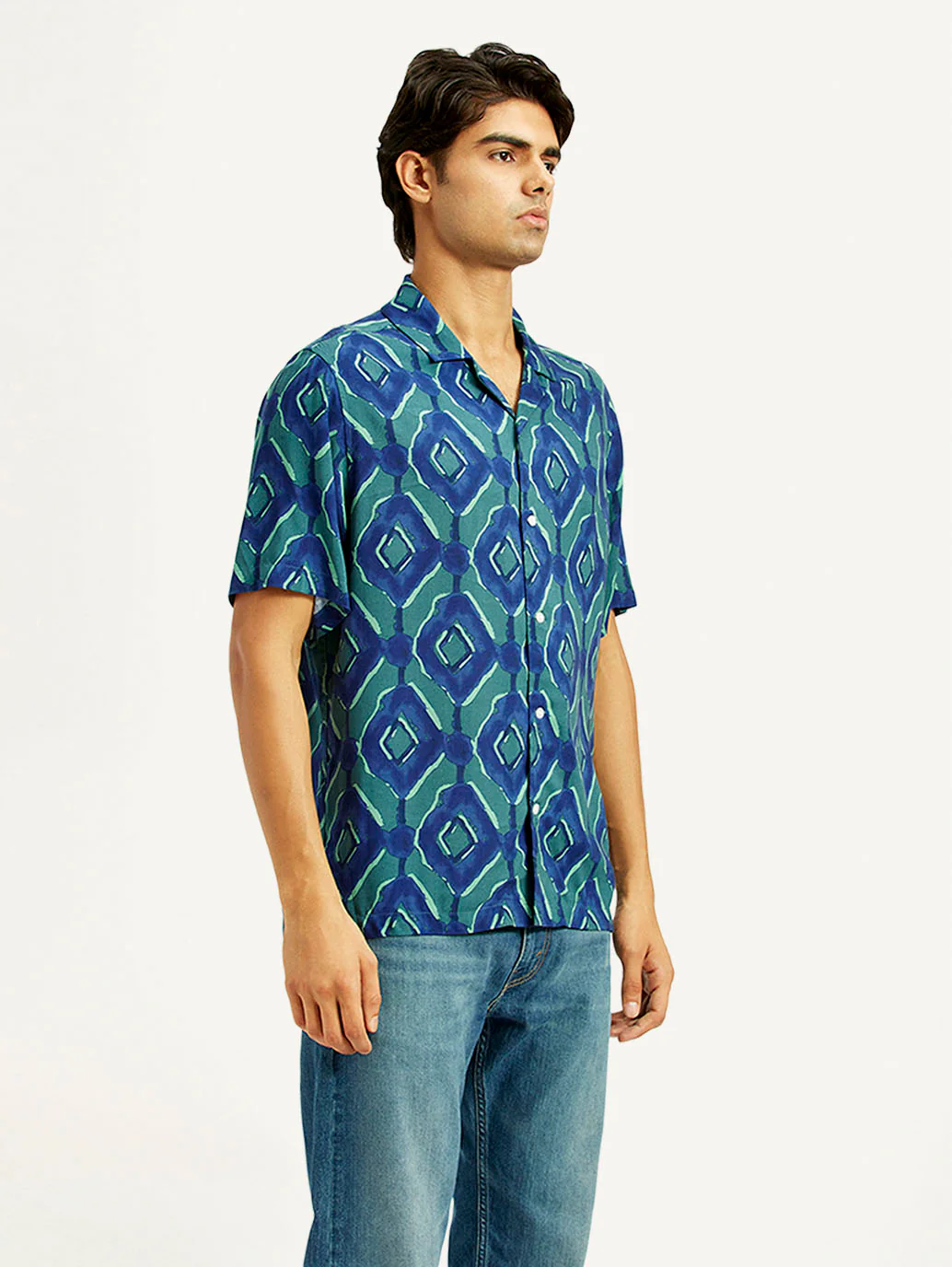 Men's Geometric Blue Camp Shirt - Image 5