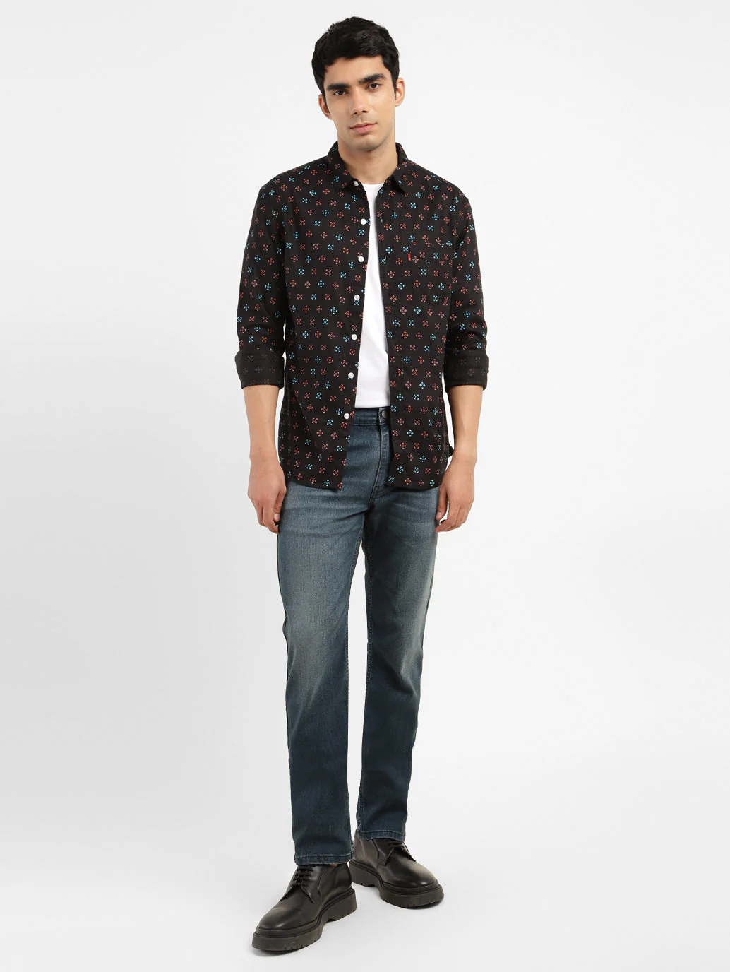 Men's Geometric Print Spread Collar Shirt - Image 2