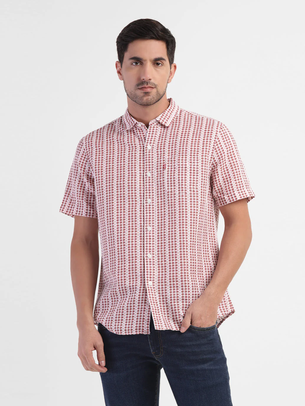 Men's Geometric Print Spread Collar Linen Shirt - Image 2