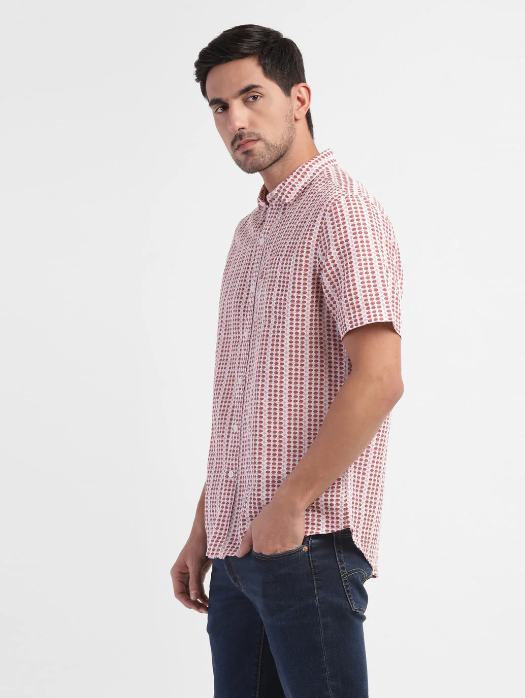 Men's Geometric Print Spread Collar Linen Shirt - Image 4