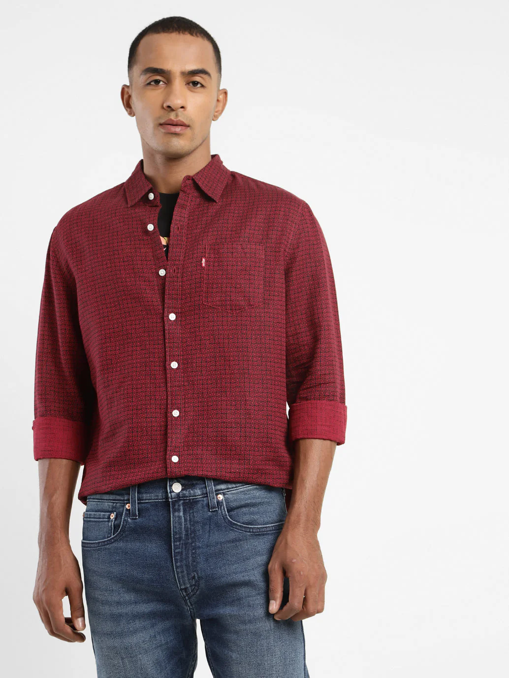 Men's Geometric Print Spread Collar Linen Shirt - Image 2