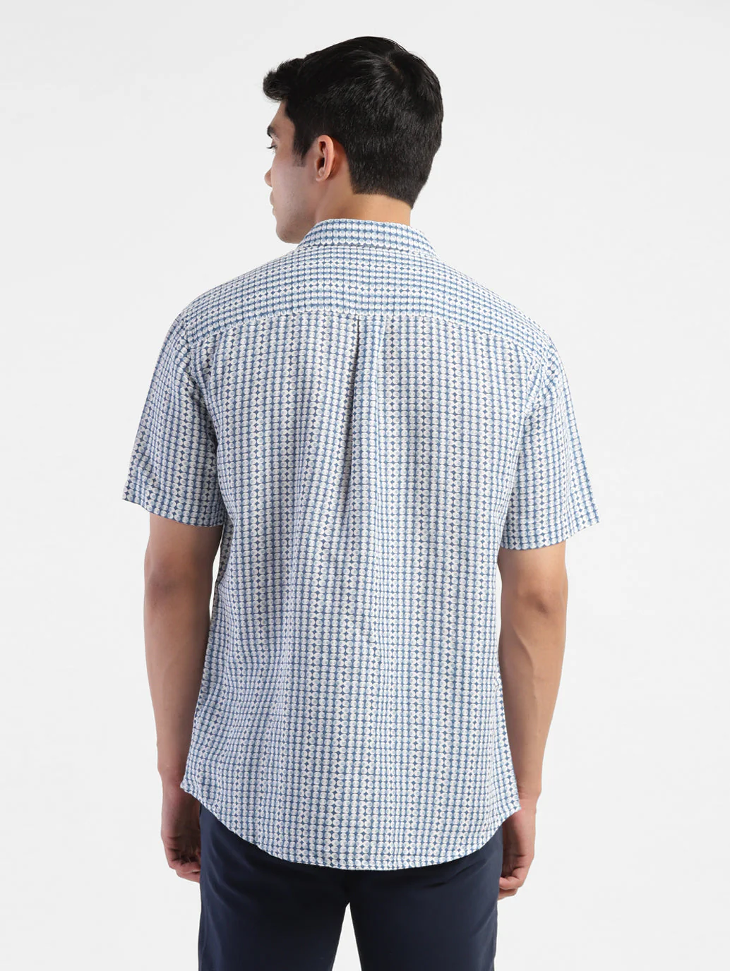 Men's Geometric Print Spread Collar Linen Shirt Blue - Image 3