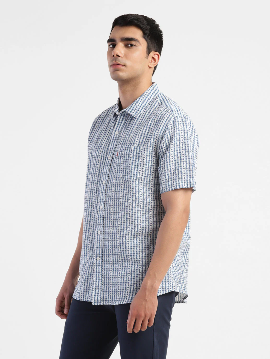 Men's Geometric Print Spread Collar Linen Shirt Blue - Image 4