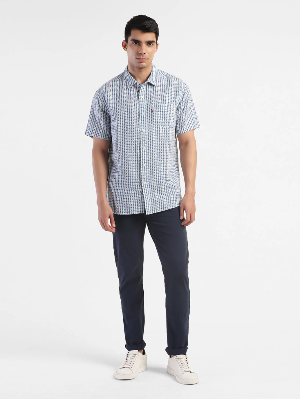 Men's Geometric Print Spread Collar Linen Shirt Blue - Image 5