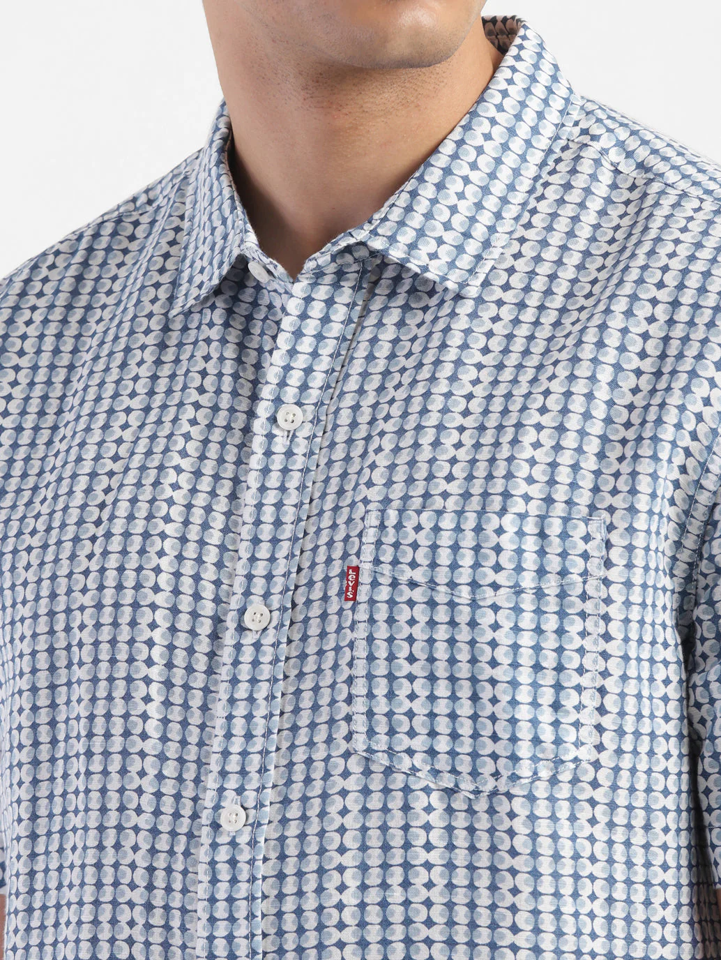 Men's Geometric Print Spread Collar Linen Shirt Blue - Image 6