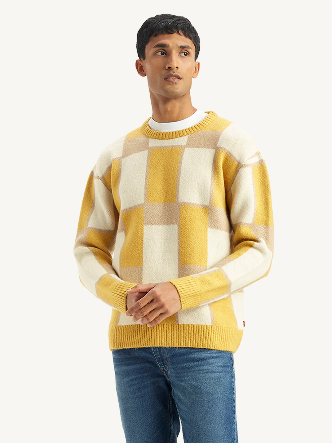 Men's Geometric Yellow Crew Neck Sweater - Image 2