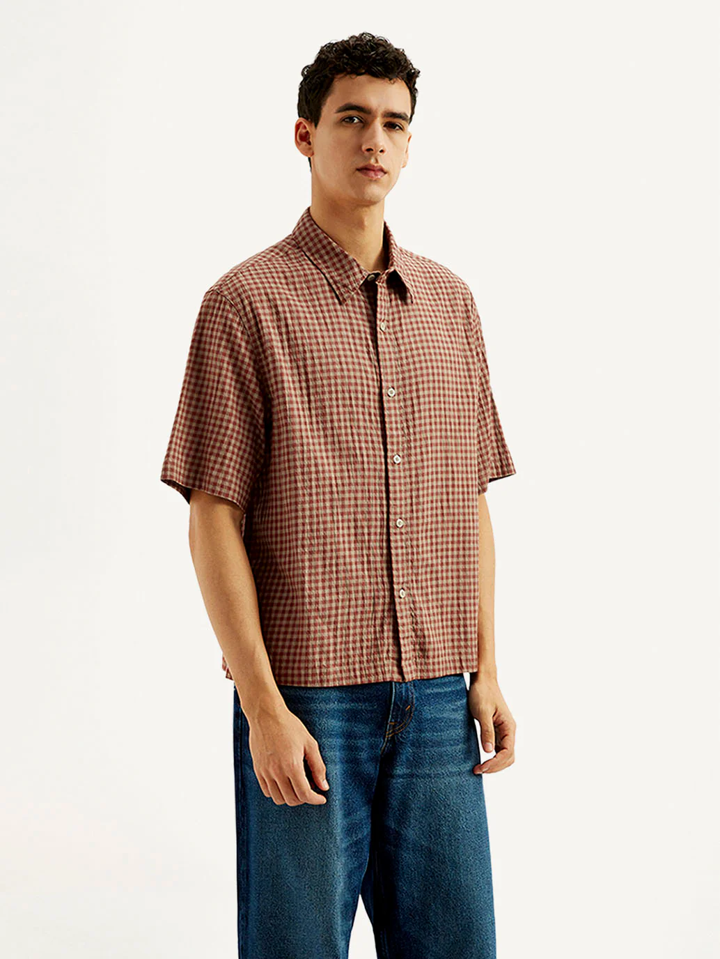 Men's Gingham Print Boxy Fit Shirt - Image 3