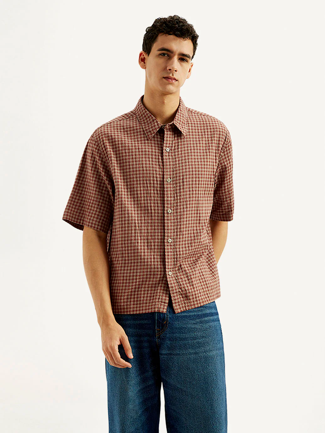 Men's Gingham Print Boxy Fit Shirt - Image 5
