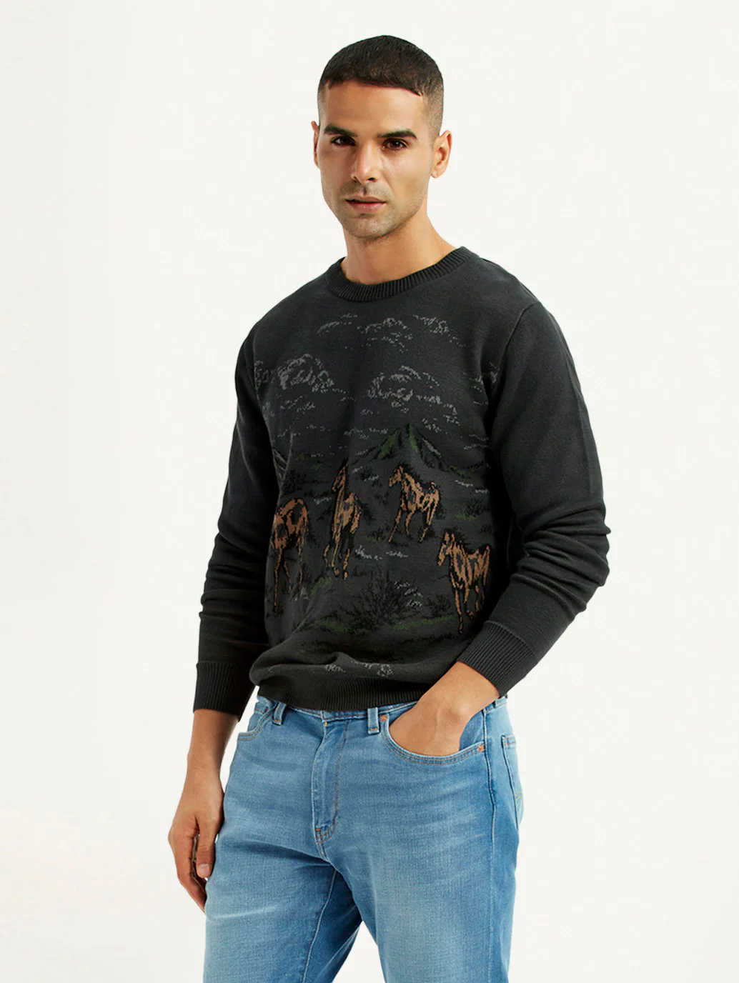 Men's Graphic Black Crew Neck Sweater
