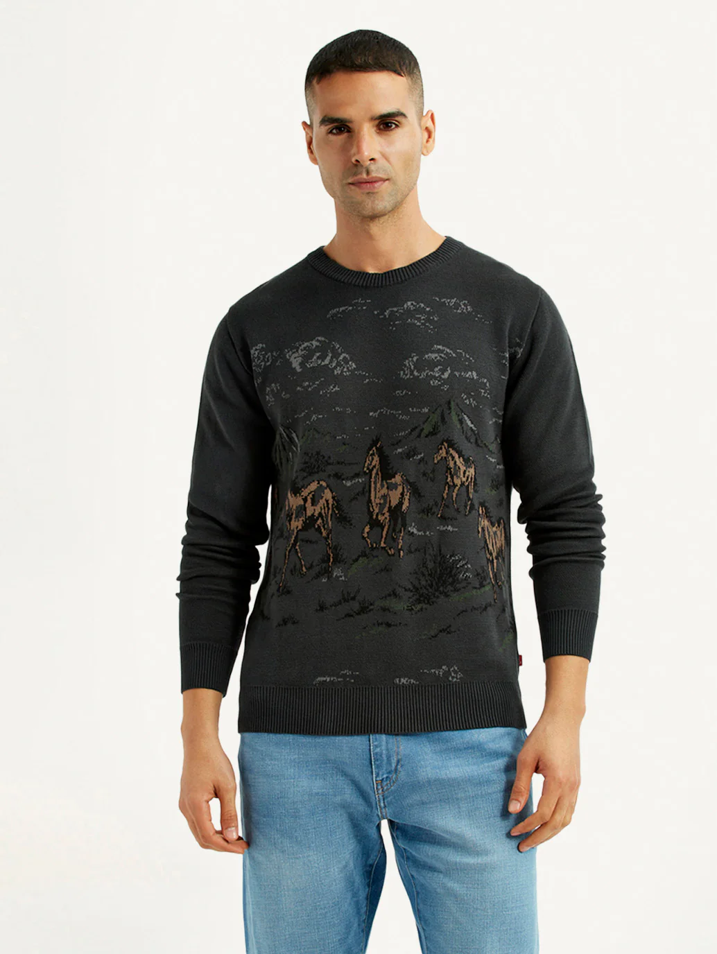Men's Graphic Black Crew Neck Sweater - Image 2