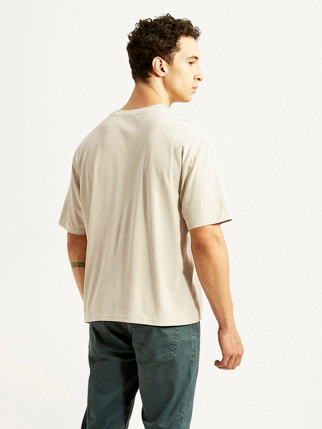 Men's Graphic Print Beige Boxy T-shirt - Image 2
