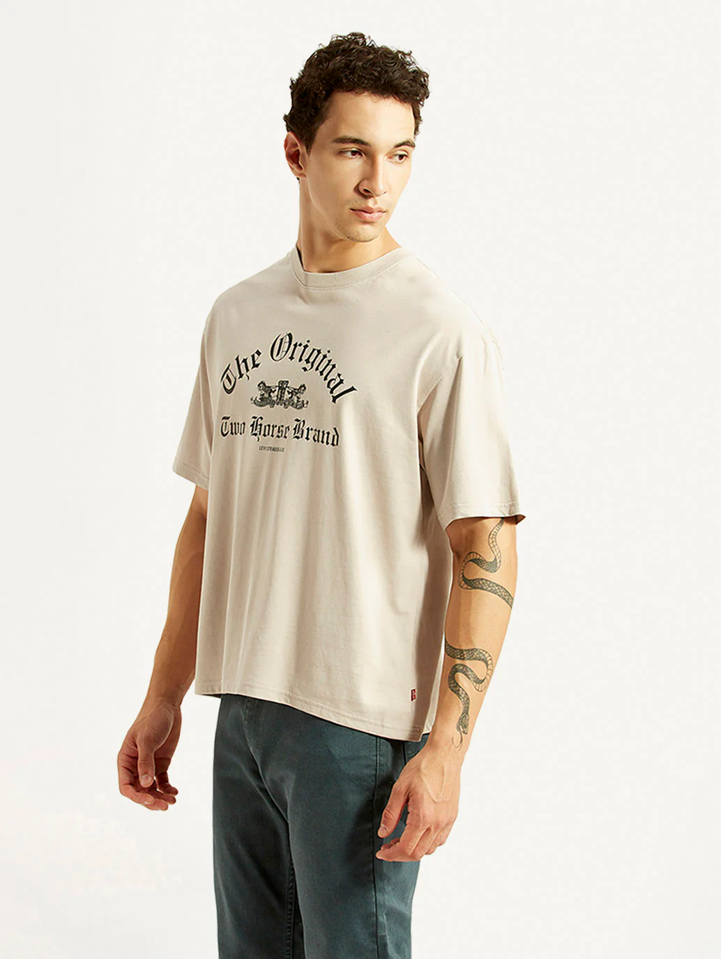 Men's Graphic Print Beige Boxy T-shirt - Image 4