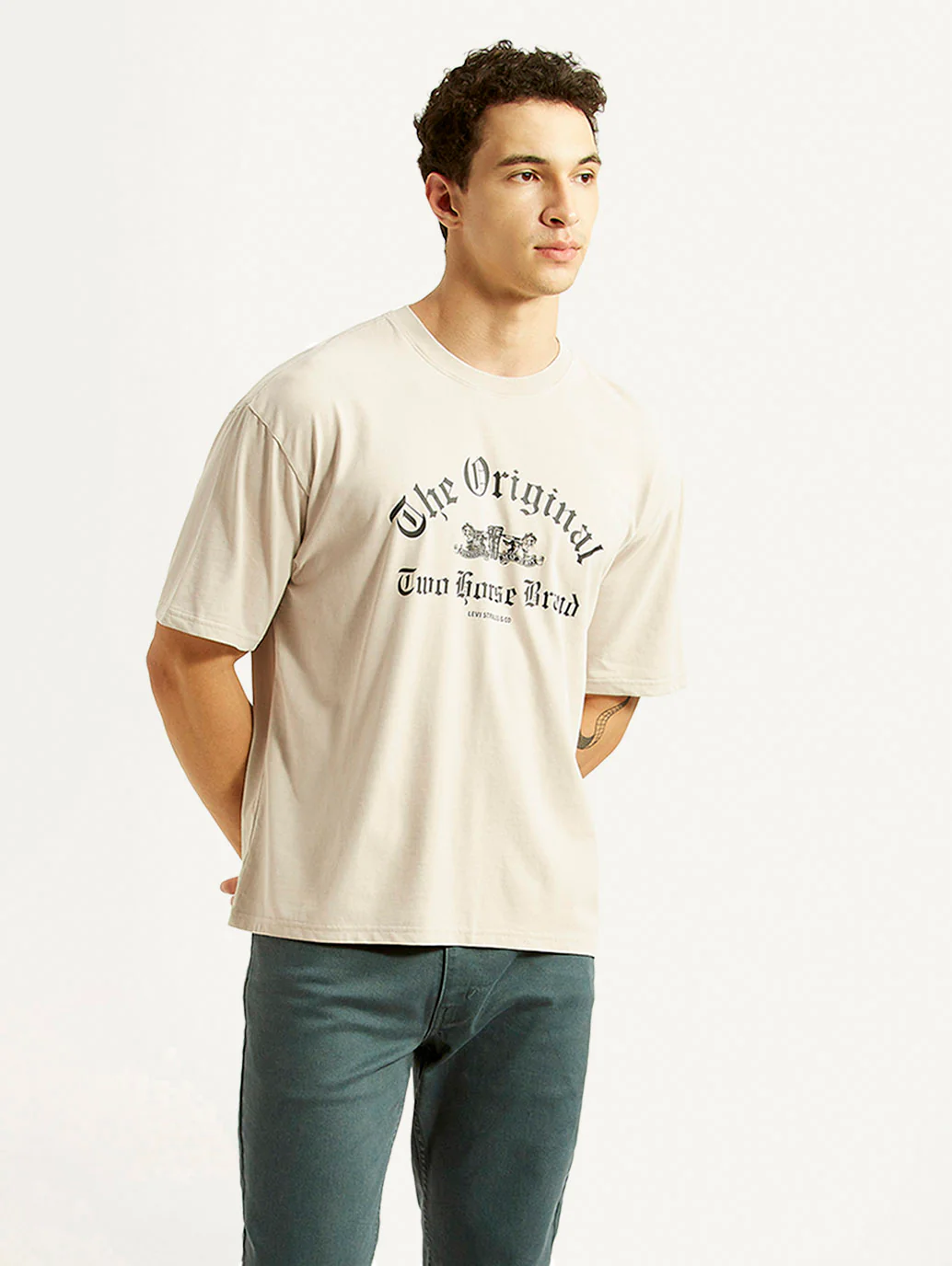 Men's Graphic Print Beige Boxy T-shirt - Image 5