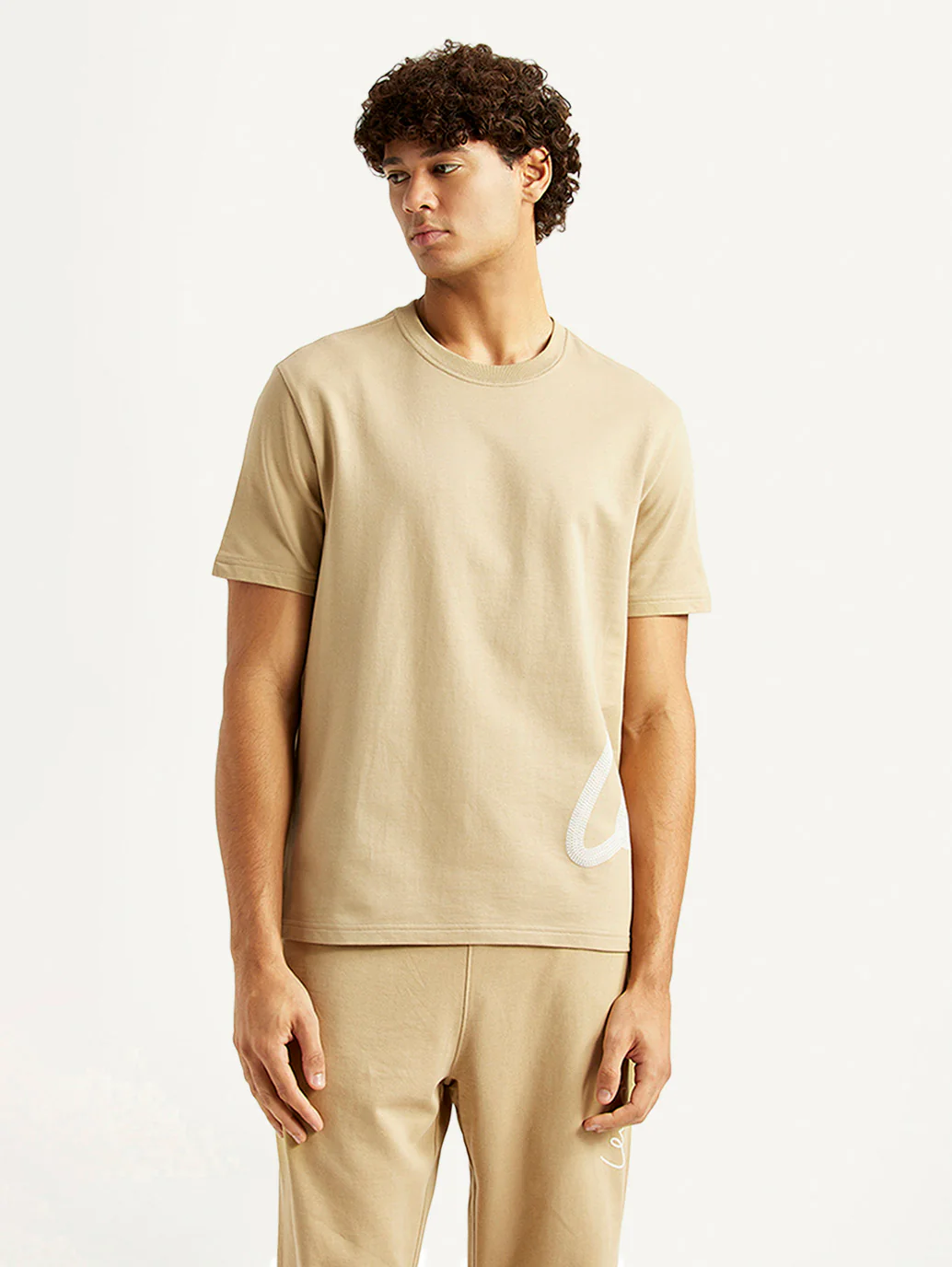 Men's Graphic Print Beige Crew Neck T-shirt - Image 2