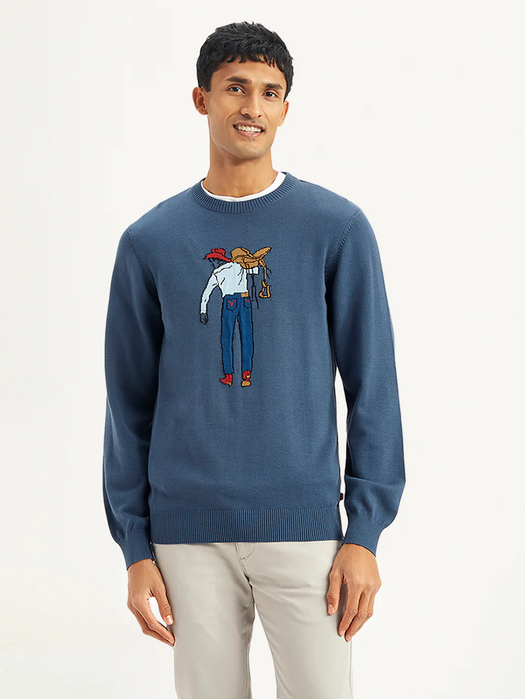 Men's Graphic Print Blue Crew Neck Sweater - Image 2