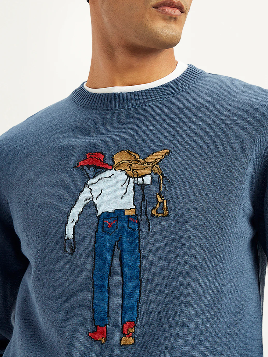 Men's Graphic Print Blue Crew Neck Sweater - Image 4