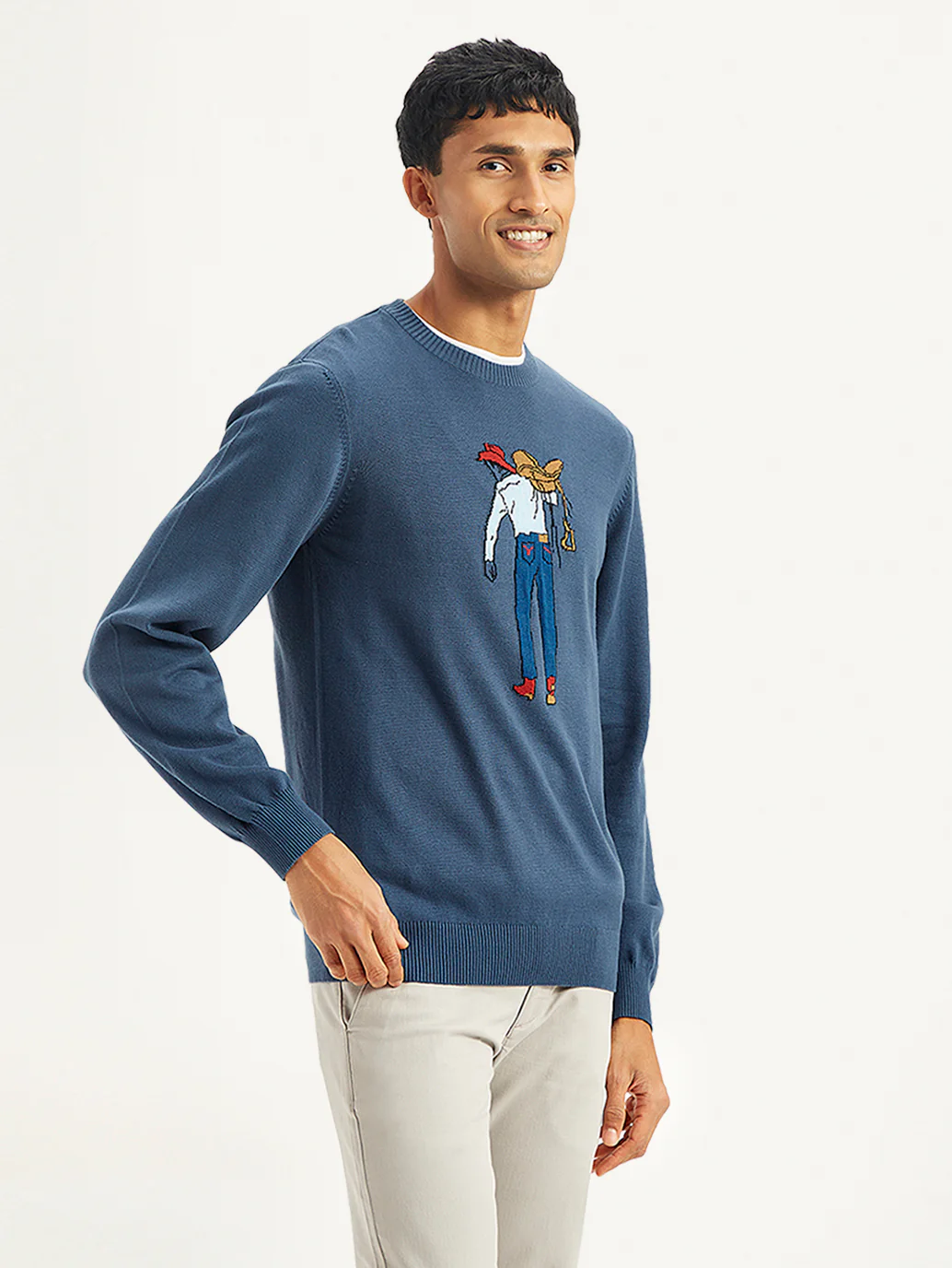 Men's Graphic Print Blue Crew Neck Sweater - Image 5