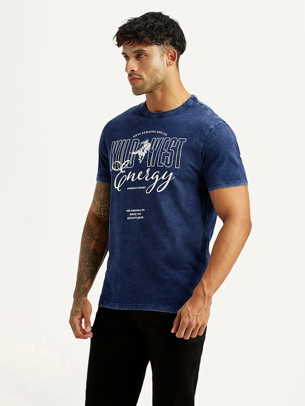Men's Graphic Print Dark Blue Crew Neck T-shirt - Image 4
