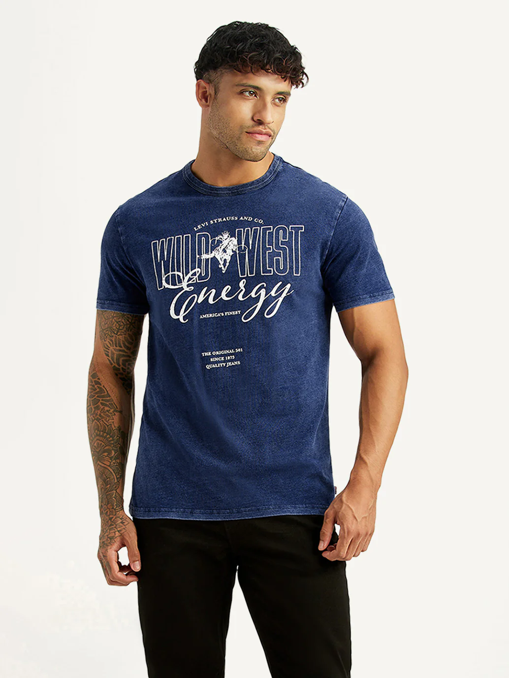 Men's Graphic Print Dark Blue Crew Neck T-shirt - Image 5