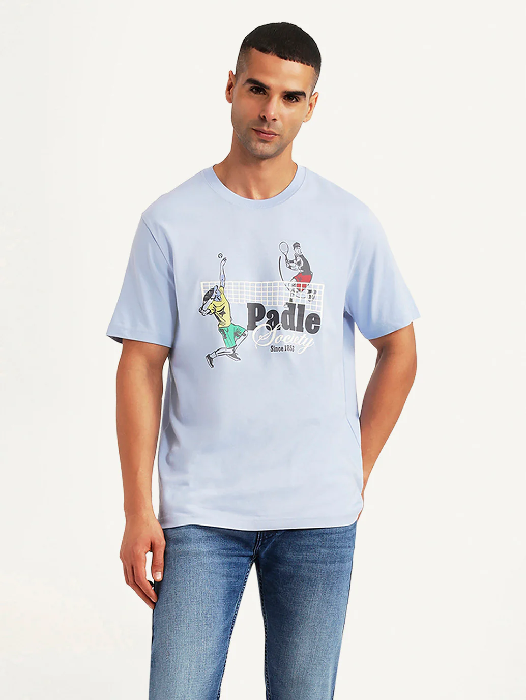 Men's Graphic Print Light Blue Crew Neck T-shirt