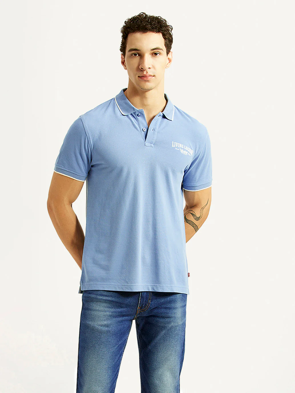 Men's Graphic Print Light Blue Slim Fit Polo T-shirt