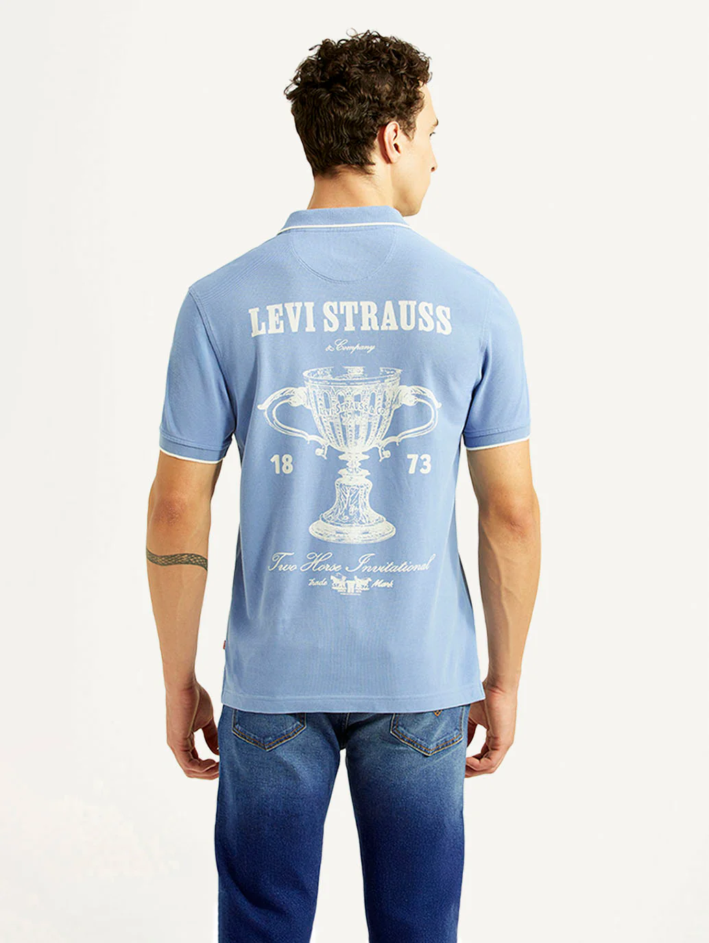 Men's Graphic Print Light Blue Slim Fit Polo T-shirt - Image 3