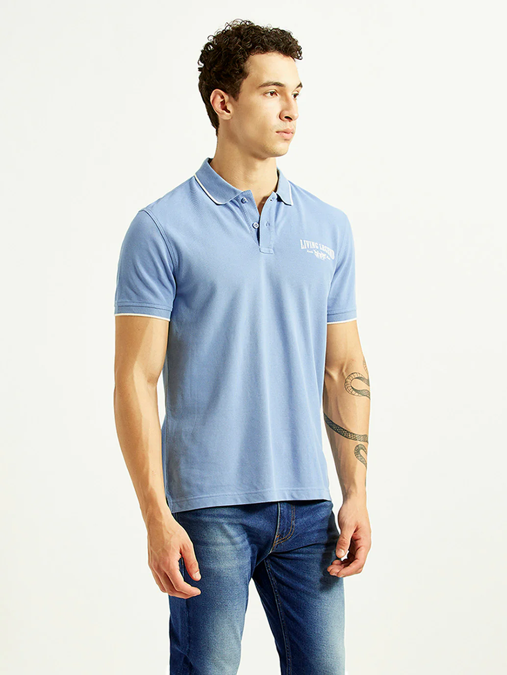 Men's Graphic Print Light Blue Slim Fit Polo T-shirt - Image 5