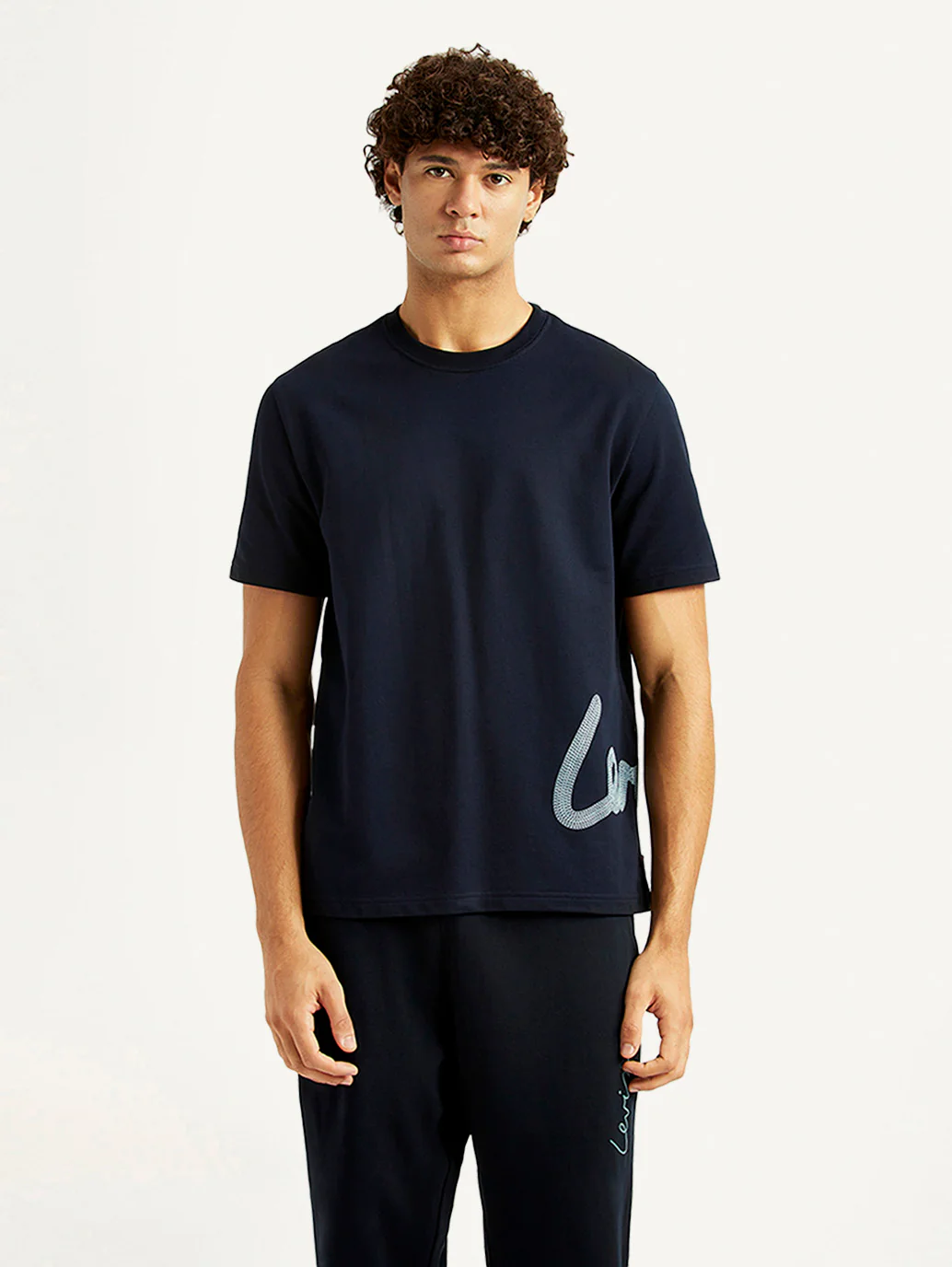 Men's Graphic Print Navy Crew Neck T-shirt - Image 2