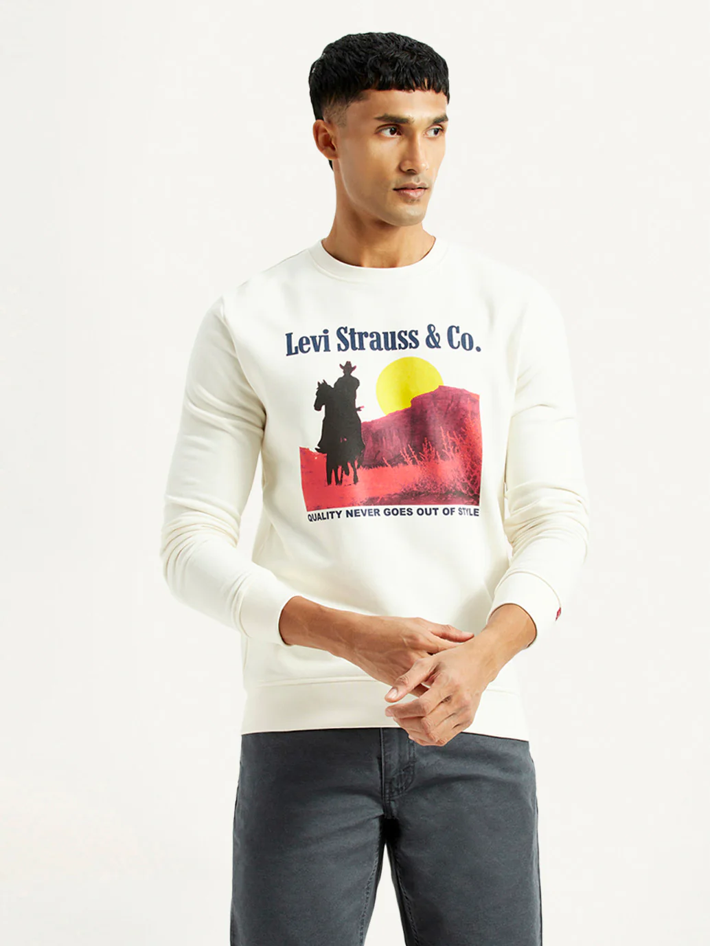 Men's Graphic Print Off White Slim Fit Sweatshirt - Image 2