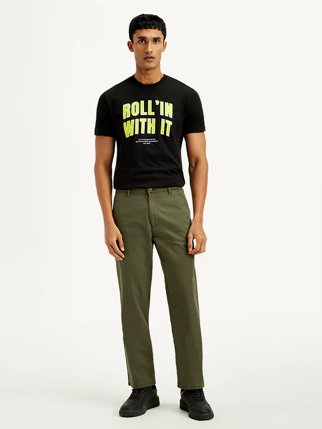 Men's Olive Green Relaxed Straight Fit Chinos - Image 2