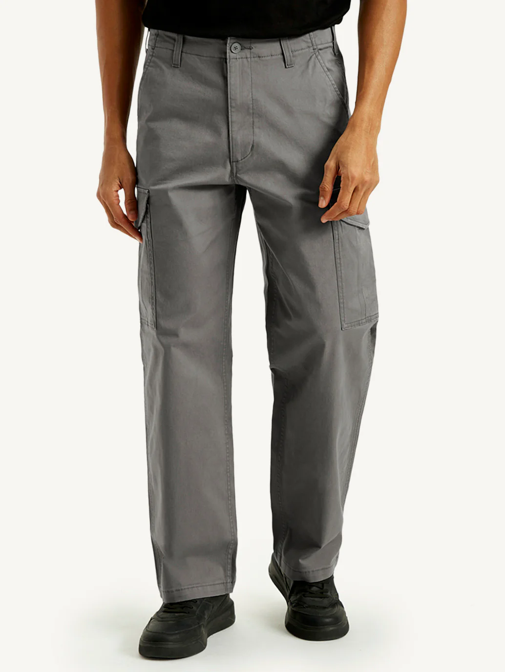 Men's Grey Baggy Fit Mid Rise Cargo Trousers - Image 3