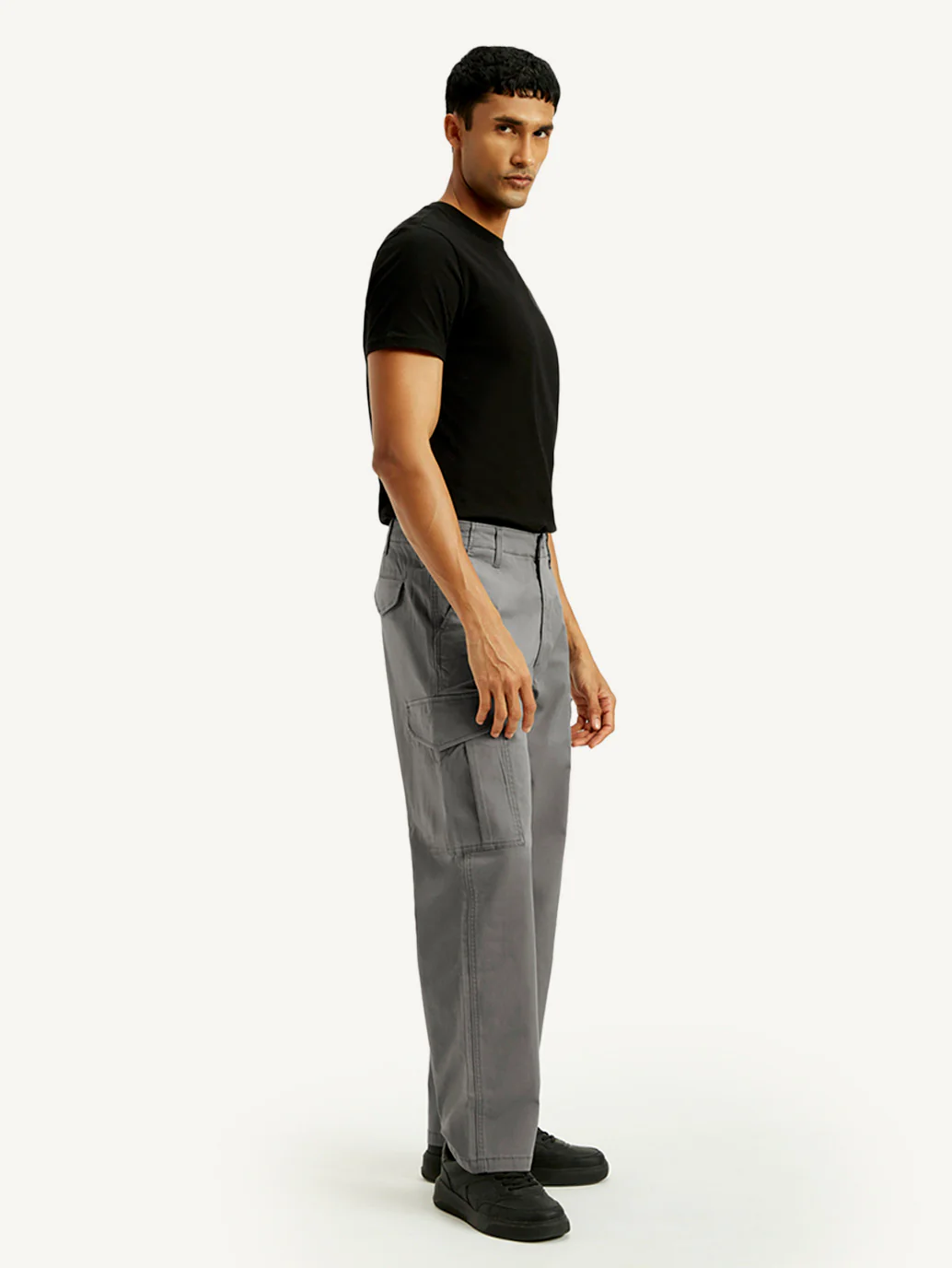 Men's Grey Baggy Fit Mid Rise Cargo Trousers - Image 6