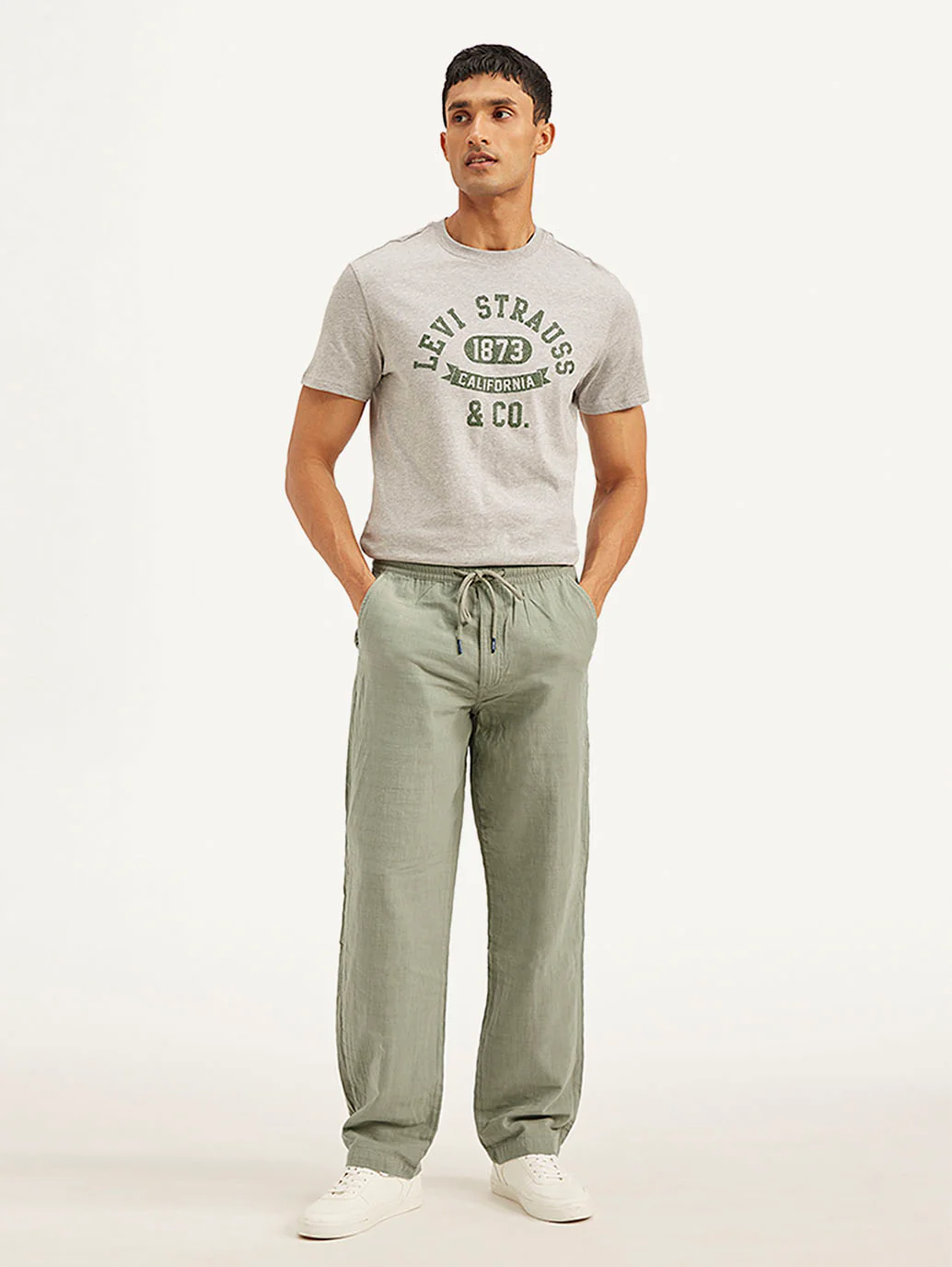 Men's Grey Loose Straight Fit Chino Trousers - Image 2