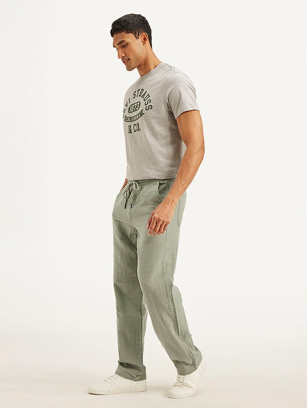 Men's Grey Loose Straight Fit Chino Trousers - Image 5
